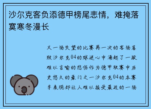 沙尔克客负添德甲榜尾悲情，难掩落寞寒冬漫长