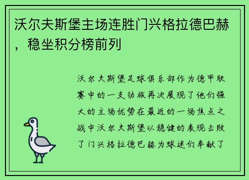 沃尔夫斯堡主场连胜门兴格拉德巴赫，稳坐积分榜前列